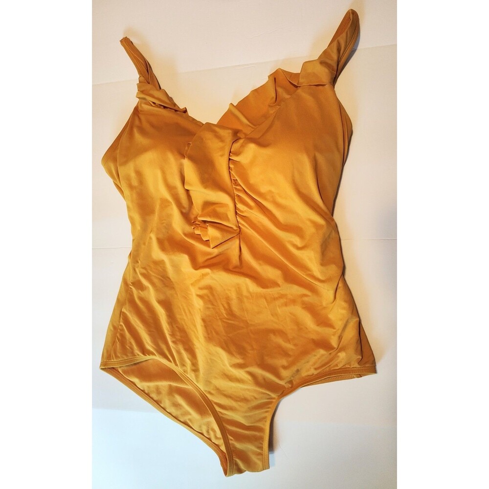 JANTZEN size 12 Mustard Yellow Cascade One Piece Ruffle Front Padded Swimsuit